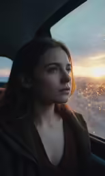 the woman is looking out the window while she is driving