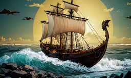 a sailing ship in the ocean at sunset,a pirate ship floating in the ocean by rocks