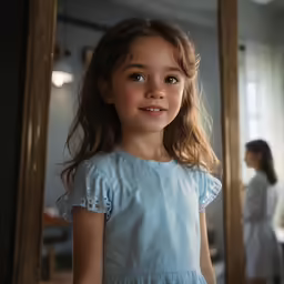 a young girl standing in front of a mirror