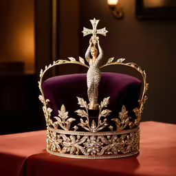 a gold crown is set on top of a purple blanket