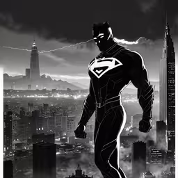 a superman character in front of the city skyline,man in suit and mask walking with city in background