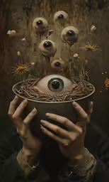 woman covering her face with several tiny eyeballs and sprinkles