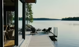 a view of the dock with chairs and chairs near a glass door