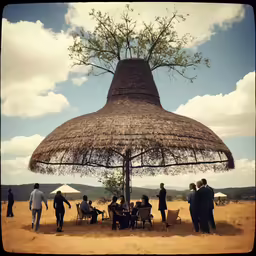 people standing around an umbrella in the desert