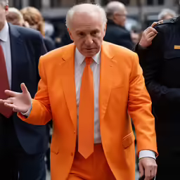 a man dressed in orange walking near some other men
