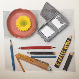many items are displayed, including colored pencils, paper and markers