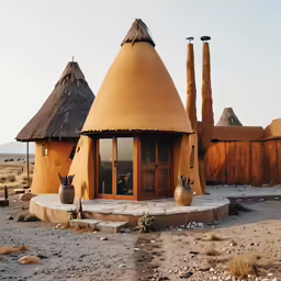 a group of mud huts with tall chimneys
