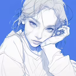 the woman is wearing a white shirt and holding her hand near her face