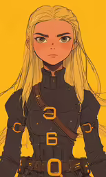 a girl in a black suit with a yellow background