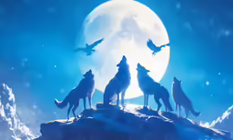 four howling wolfs standing on top of a hill at night