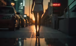 a woman in white bathing suits walking down a street