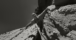 the man is climbing up to the tall rocks
