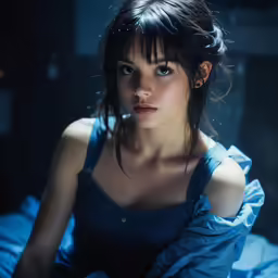 an attractive young woman in a blue dress with dark hair