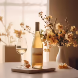 a bottle of wine sits next to a glass