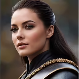 a woman in armor wearing a necklace and a ponytail