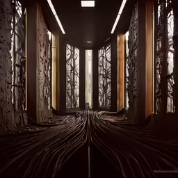 two very tall columns in front of an open room