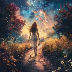 woman walking away from the sun through the night sky,woman in a white dress walking down the path to the stars
