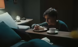 a boy in his living room eating something from a plate