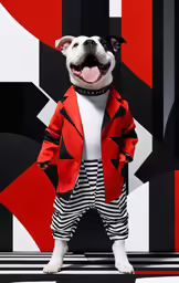 dog in a red coat standing next to a very colorful background