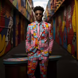 a man in pink suit standing on street next to painted walls,a black man in a suit that has some squares on it