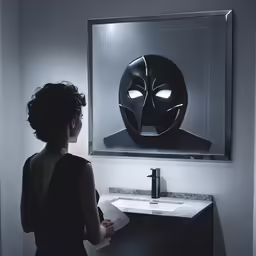 a woman looks at a framed poster in the corner of the room
