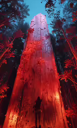 a person stands next to the giant lego structure in the forest