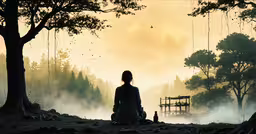 person sitting at the edge of forest looking at bird feeder,the silhouette of a girl sitting in front of a forest at sunset