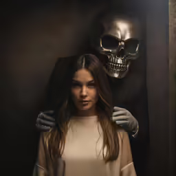 a woman standing in front of a skull with a dark background
