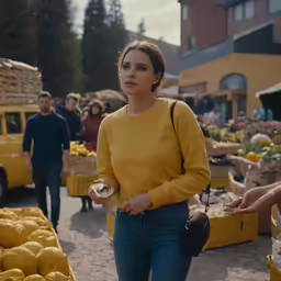 a woman is walking by the fruit stand