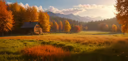 a log cabin in a grassy field with autumn trees in the background,a small cabin sits in the middle of a grass meadow