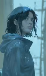 a young woman with wet hair and eyes is posing for the camera in the snow