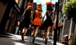 three women in dresses and hats walk down the street