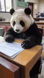 a panda bear on a desk with some paperwork