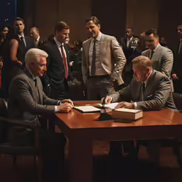 two men signing a book at a wooden table