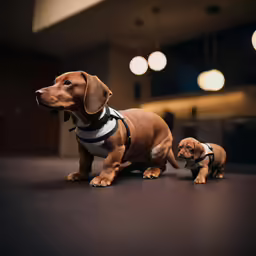 two puppies are wearing sweaters walking down the floor