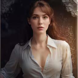 a woman in a white blouse stands near a window