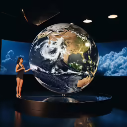 a woman standing next to a very large earth globe
