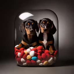 two dachshunds in a vase full of candies