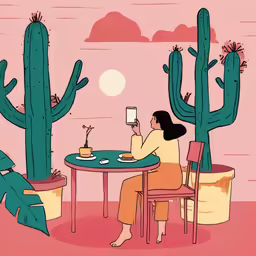 a woman is drinking coffee and looking at a cellphone