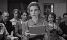 a woman holds up a digital tablet in front of a group of people