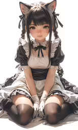 a anime woman with black cats hair sitting on the ground