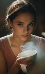 a woman is holding her cup while smoking a cigarette