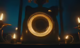 the speakers are sitting with many lit candles nearby