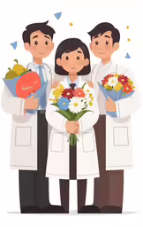 two men and a woman wearing lab coats hold flowers and hearts