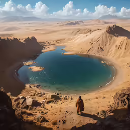 a person standing on top of a desert covered in a lake
