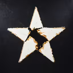 a star with a woman on it sitting in the middle of a black floor