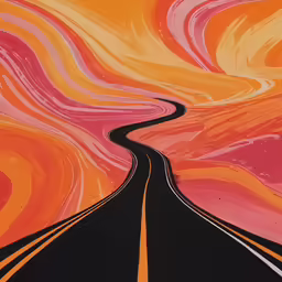 a black street and orange striped wall with an asphalt road winding into the distance