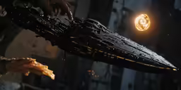 a person with a futuristic weapon and some food