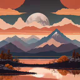 an image of a large painting of a sunset over mountains,an abstract painting of mountains and a full moon