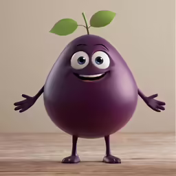 a purple eggplant is smiling with arms and legs